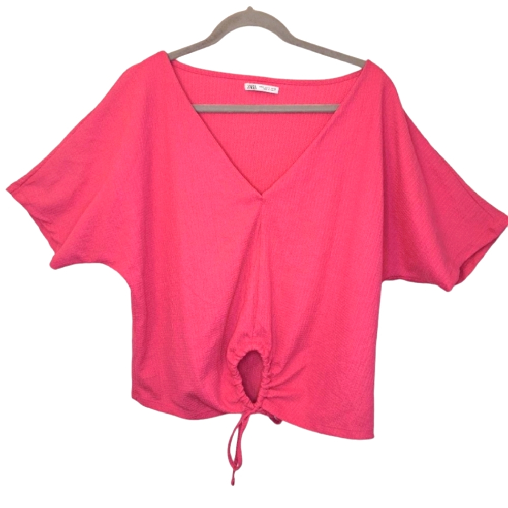Zara Pink Crinkle Dolman V Neck Tie Front Top Size XL